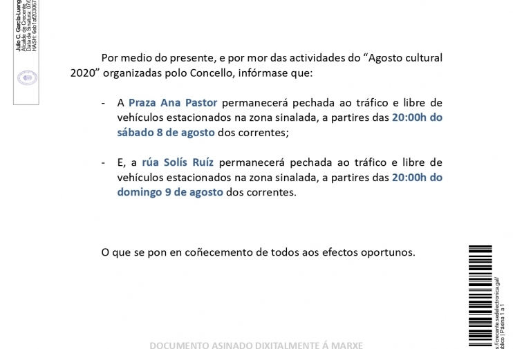 Bando Corte Praza Ana Pastor 08/08/2020 e rúa Solís Ruíz 09/08/2020