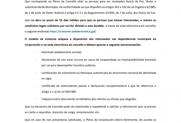 Vacante o cargo de Xuíz/a de Paz sustituto